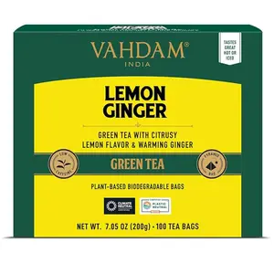 VAHDAM, Lemon Ginger Tea Bags (100 Green Tea Bags) Med Caffeine | Fruity Flavor - Zesty Lemon & Orange Peel | Whole Loose Leaf Tea Bags | Resealable Ziplock Pouch | Brew Hot or Iced Tea