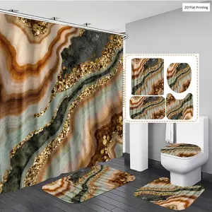 1/3/4PCS Marble inspired Pattern with Gold Accents Shower Curtain Set with Rugs, Non Slip Bath Mat, U-Shape Carpet, Toilet Lid Cover, Polyester Fabric Bathtub Curtain Accessories, 12 Hooks, Home Bathroom Festiva
