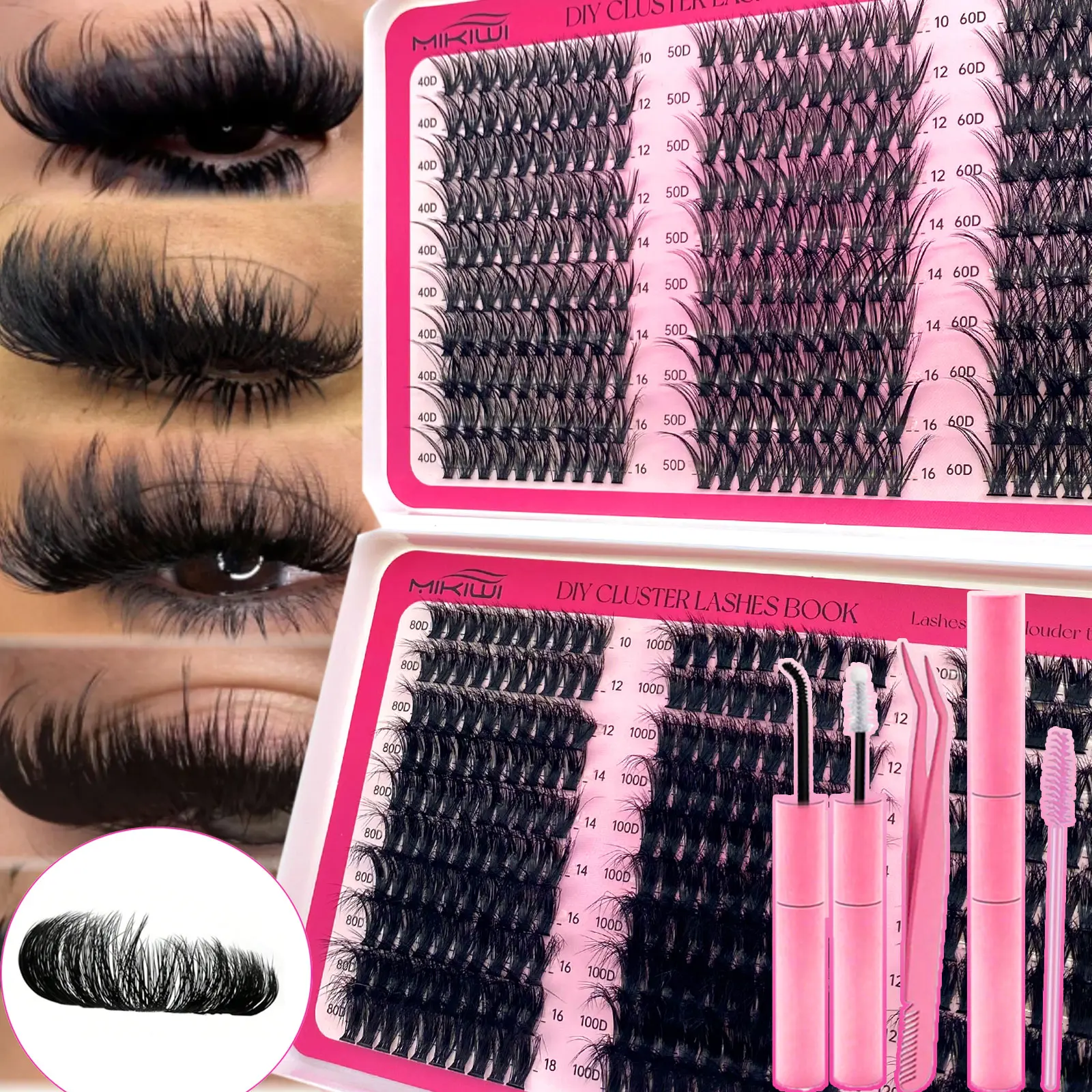 MIKIWI Lash Clusters at Home Kit, 580 PCS D Curl Wispy Eyelash Extensions, Soft & Fluffy Mixed Lengths for a Natural Look, Beginner-Friendly, Cluster Lashes