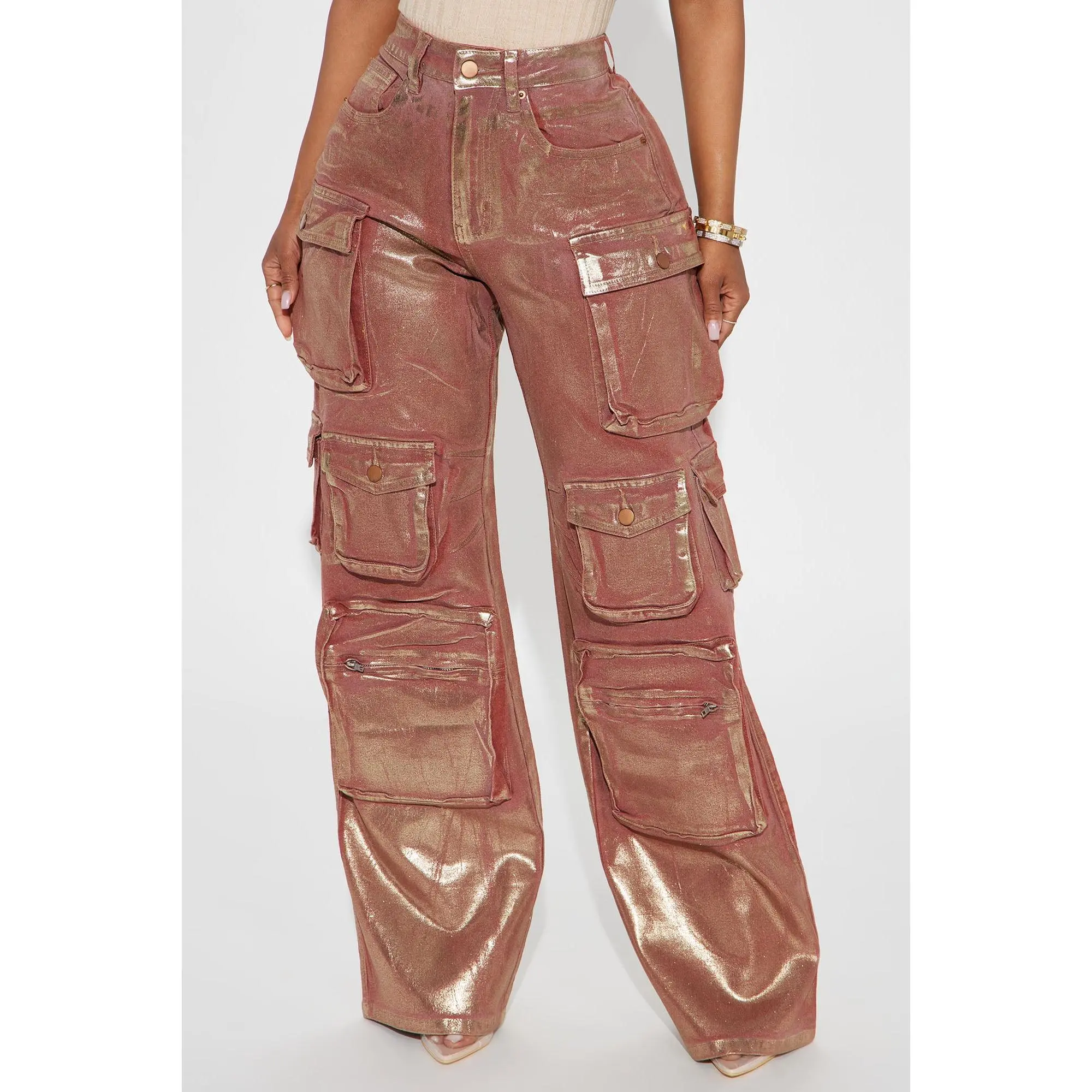 Time To Shine Foil Baggy Cargo Jeans - Burgundy