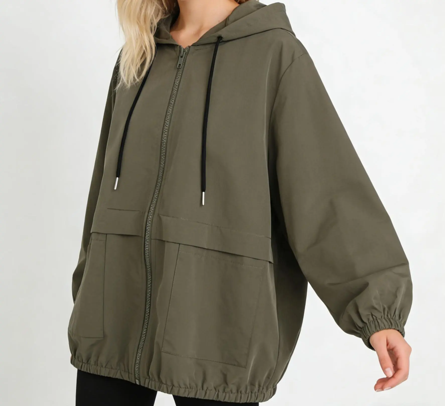 Women's Loose Fit Oversized Casual Basic Hooded Windbreaker Jacket - Breathable Twill Fabric, Adjustable Hood, Large Pockets, Windproof, Drawstring, Plain, Elastic Cuffs, Long Sleeves, Outdoor Work Outerwear