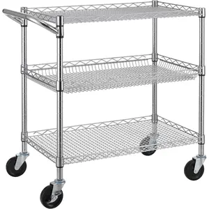 Three Tier Heavy Duty Commercial Grade Multipurpose Cart, Wire Rolling Cart with Handle, Steel Serving Cart with Wheels, Multipurpose Shelving Plant Display Rack Food Storage Cart, NSF Certified Shelf Adjustable Organiser Basket