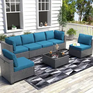 Gaomon 7-Piece Modular U-Shaped PE Rattan Wicker Sectional Sofa Set, Outdoor Patio Furniture with Glass Coffee Table, Waterproof Cushions for Deck, Porch & Balcony Furniture Sets, Patio Furniture Sets