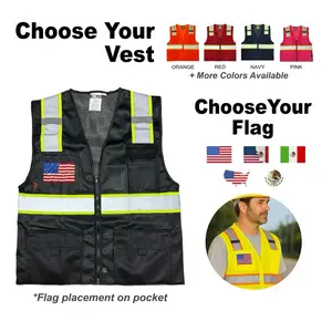 Custom High Visibility Reflective Safety Vest with Flag on Front Pocket