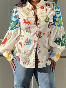 【Plus Size】 Galaxy & Animal Print Button Front Shirt, Retro Lantern Sleeve Collared Top, Fall Clothing, Going Out Tops, Plus Size Clothes, Gift Set for Women, Women's Plus Clothes for Daily Wear