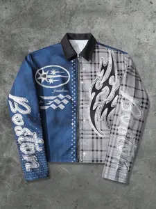 Men's Street Style Casual Colorblock Plaid Collared Coat, Fall & Winter Fitted Long Sleeve Outerwear, Fashionable Daily Wear