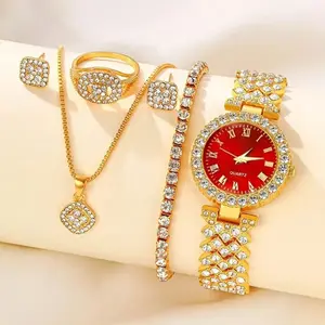 5Pcs Red Dial Watch Jewelry Set | Gold-Tone Rhinestone Watch + Full Accessories