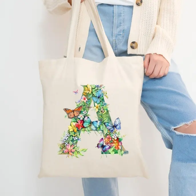 Personalized Initial Tote Bag, Floral Letter Tote Bag, Butterfly Monogram Canvas Tote, Botanical Alphabet Tote, Aesthetic Flower Tote, Custom Name Gift