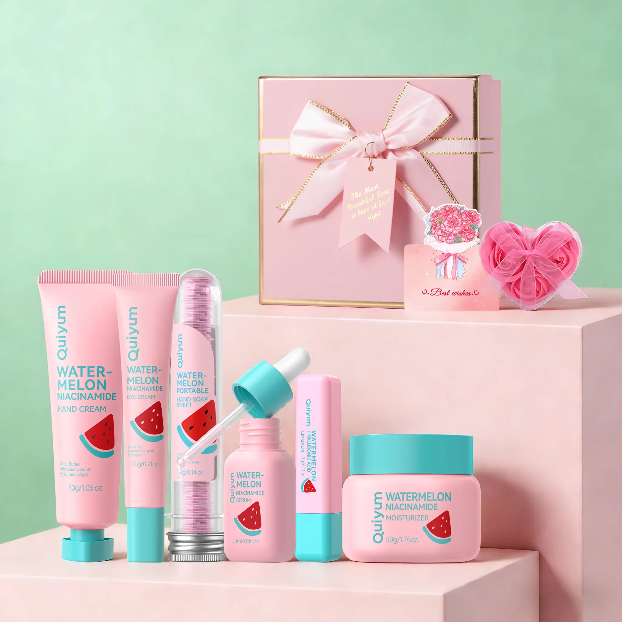 Quiyum Watermelon Niacinamide Skincare Moisturizing Set, Glow Kit, Skin Care Sets, Essence, Eye Cream, Face Cream, Soap Sheets, Hand Cream, Lip Balm, Gift Box, Hydrating Soothing, Best Gift for Women & Girl