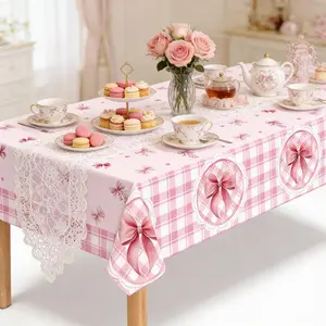 2PCS Foil Balloon Pink Bow Tablecloth Graduation season decorations Cute Bow Knot Fabric Table Cloth Washable Table Cover for Girl Bachelorette Bridal Engagement Bab Shower Coquette Cute Tableware（137*274cm）