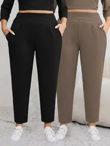 Plus Size 2-Pack Women's Loose Outdoor Casual Minimalist Everyday High Elasticity Running Pants Bottoms, Slim Fit with Side Pockets
