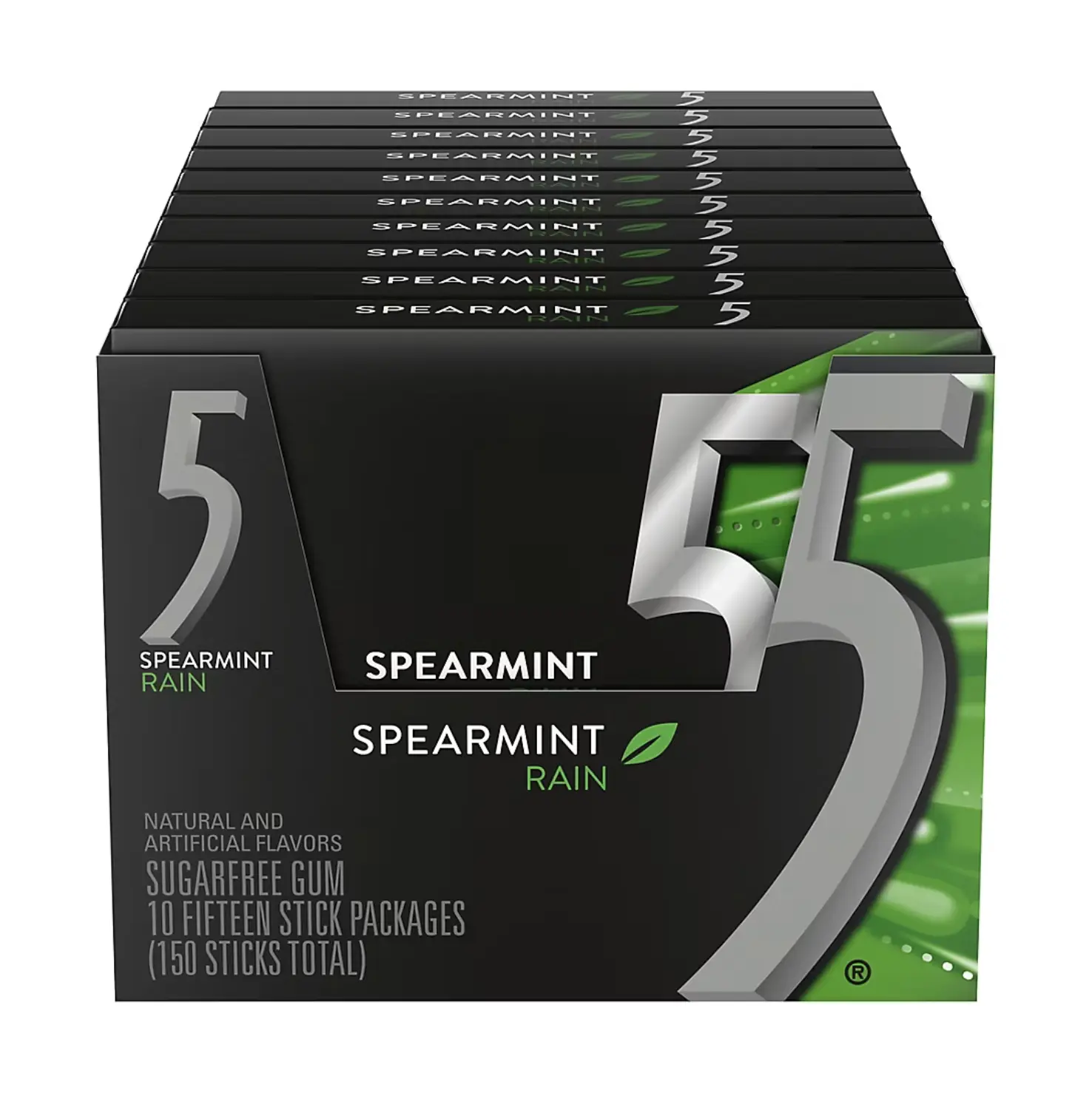 5 Gum Spearmint Rain, 15 Sticks Per Pack, 10 packs, Sugar Free Chewing Gum