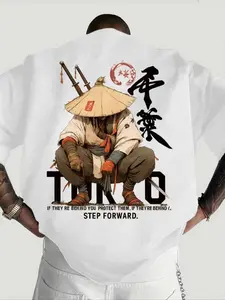 Tokyo Samurai Print Loose T-Shirt, Japanese Cultural Street Style Back Print Short Sleeve Top, Casual Letter Pattern, H Type, Short Length, Streetwear