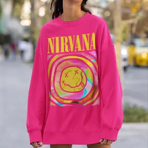 Nirvana-Inspired Pink Crewneck Sweatshirt – Soft Cotton Smile Graphic Pullover for Women