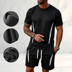 Men’s summer waffle athletic casual set, short-sleeve crewneck top and drawstring elastic-waist shorts (two-piece). Versatile men’s outfit for running, fitness, shopping, and home wear. tiktokshopspringglowup