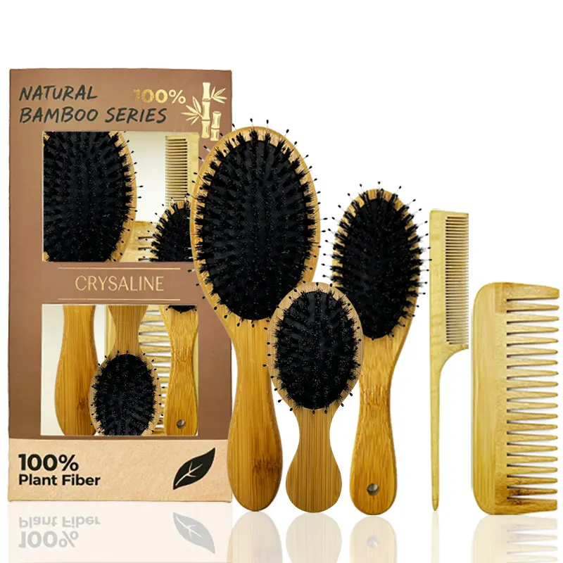 Natural Bamboo Five-Piece Hair Comb and Brush Set, Precision Sharp Teeth Combs, Wide Tooth Flat Combs, Multiple Size Bristle Combs, Comfortable Massage Care