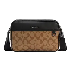 COACH Graham Classic Monogram Zip Top Handle Crossbody Bag for Men, PVC and Leather, Khaki and Black
