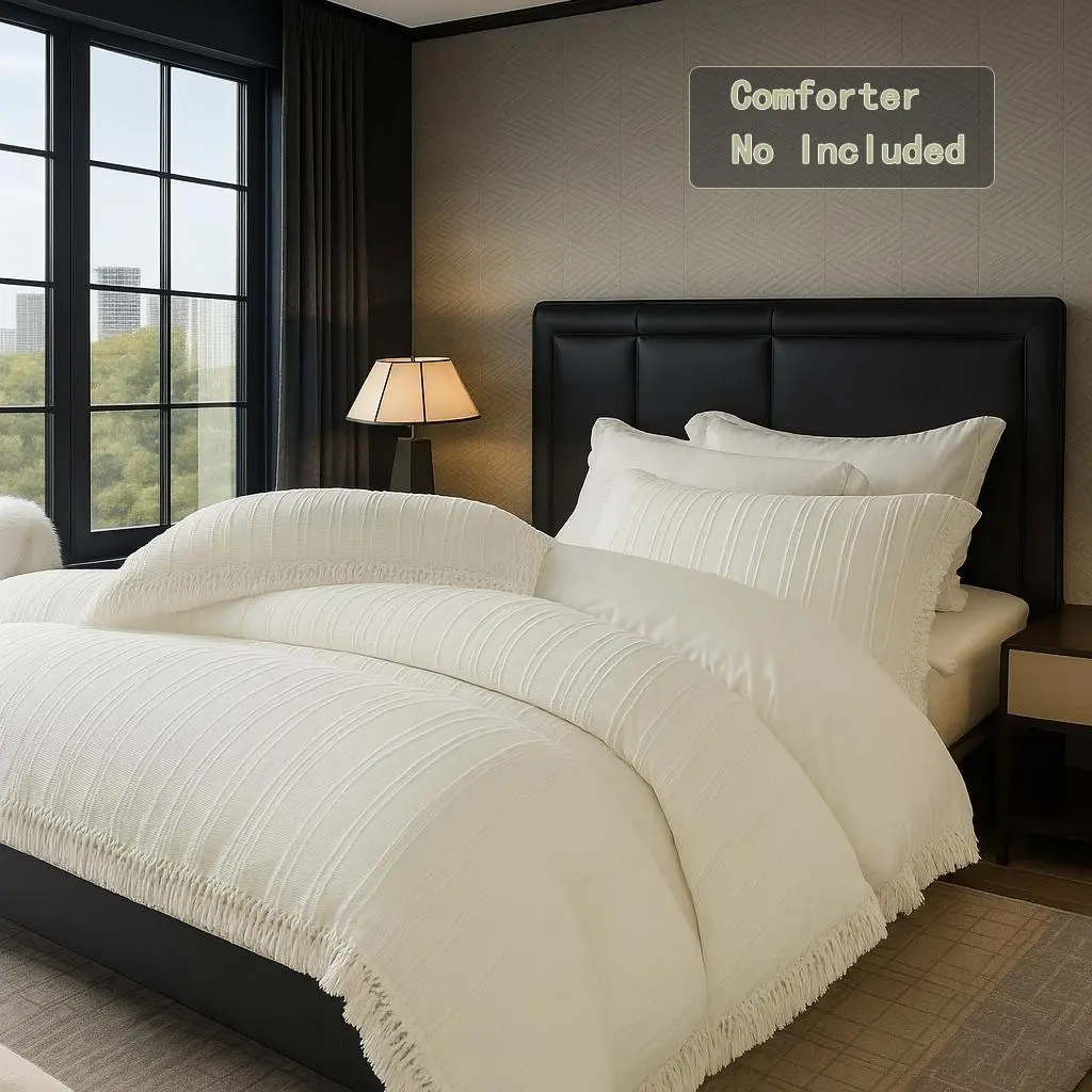 Elegant Tassel Fringe Duvet Cover Set (No Insert) – 3D Clip Jacquard Bedding with Pillowcases,Includes 1 Duvet Cover with Zipper Closure & 1-2 Pillow cases,Hotel-Quality Comforter Cover, Machine Washable, Stylish Modern Bedroom Decor