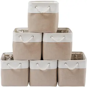 13 x 13 Inch Cube Storage Bins, 6 Pack Extra Large Collapsible Fabric Storage Bin with Ropes, Foldable Storage Cubes for Home (White & Beige 13"x13"x13")