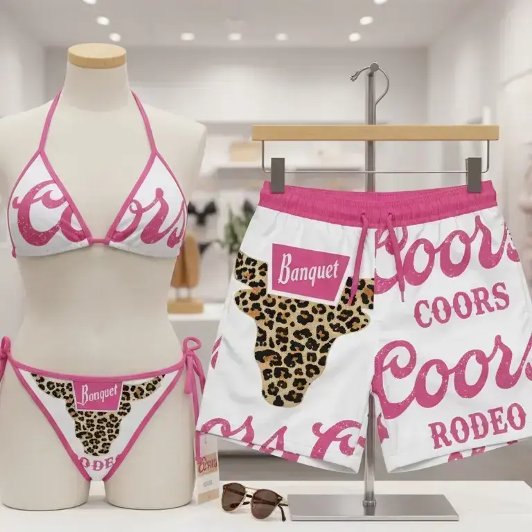Collection Coors Swimsuits For Couples - Swim Bra & Tie Side Thong Bikini + Men's Beach Shorts, Summer Vacation Swimsuit, Hawaiian Short