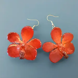 Real Orchid Flower Earrings - Red Color, Dangle Type, Ideal for Women