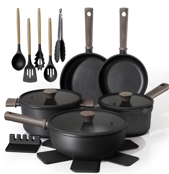 Astercook 18-Piece Pots and Pans Set, Black Titanium Induction Nonstick Cookware Set, Oven Safe to 480°F, Induction Compatible & Dishwasher Safe, Kitchen Cooking Set for RV Trips, Camping and Picnic