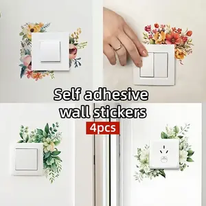 4pcs Switch Socket Wall Sticker, Plant Flower Wall Decoration Switch Wall Sticker - Self-adhesive Flower Pattern, Suitable for Home Decoration