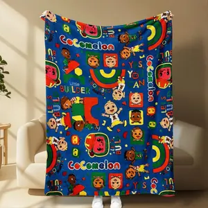 Cocomelon Building Theme Blanket, Cute Cartoon Kids Character & Blocks Print, Soft Cozy Flannel Throw for Home School Bed Gift.Thin Blanket Dream Workshop