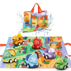 Dinosaur Design Inertia Car Toy, 6 Counts/set Friction Power Engineering Vehicle Truck Toy with 2 in 1 Game Mat Storage Bag, Vehicle Playset, Birthday Gift for Children