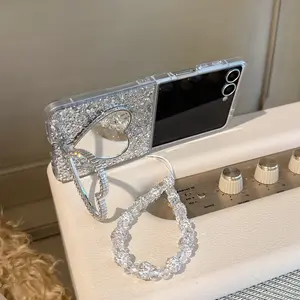 Glitter Heart Stand Foldable Phone Case With Chain For Samsung Galaxy Z Flip3/Z Flip4/Z Flip5/Z Flip6/Z Flip7, Shockproof Cover