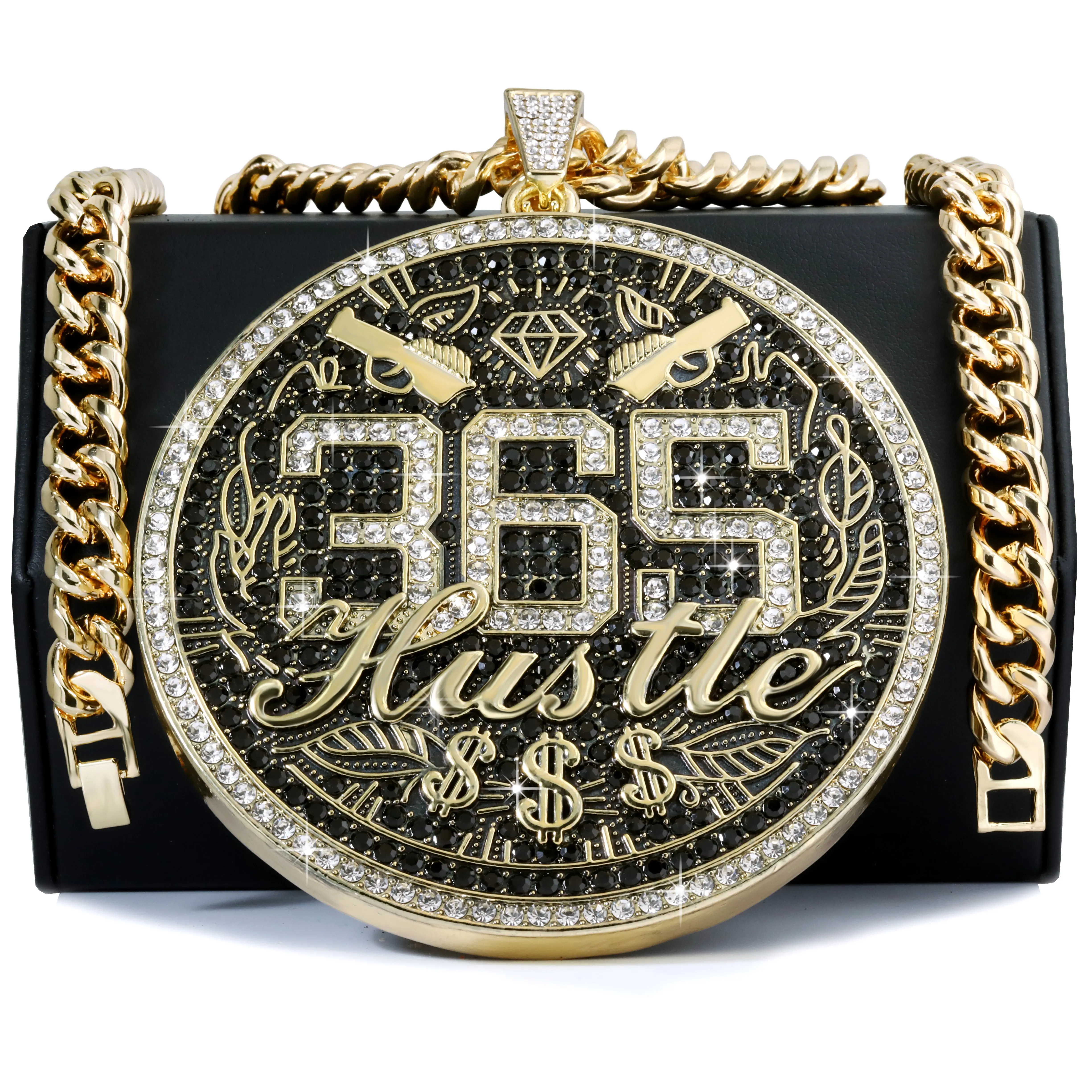 XL - 365 Hustle Medallion Fully Iced | Curb Cuban Necklace Gold Plated