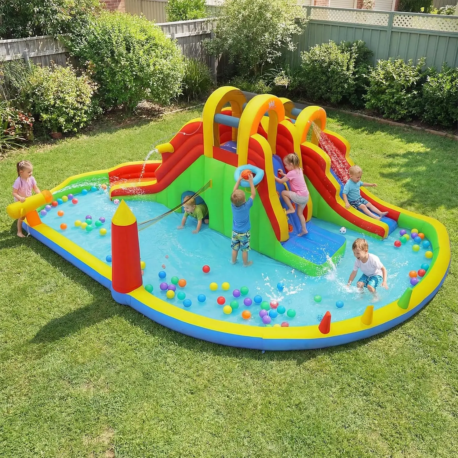 【Beautyhackher Exclusive】Costway Mega Water Park Bouncy Castle With Air Blower, Inflatable Mighty Bounce House Jumper for Kids Boys Girls Outdoor Backyard  Summer Gifts, mothersdaygift
