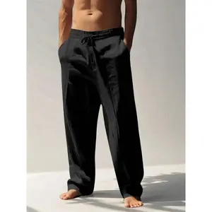 Men's Solid Color Linen Casual Loose Long Pants, Casual Solid Drawstring, Comfortable Breathable All-Season Wear, Perfect for Outdoor Sports & Beach Vacations, Trouser