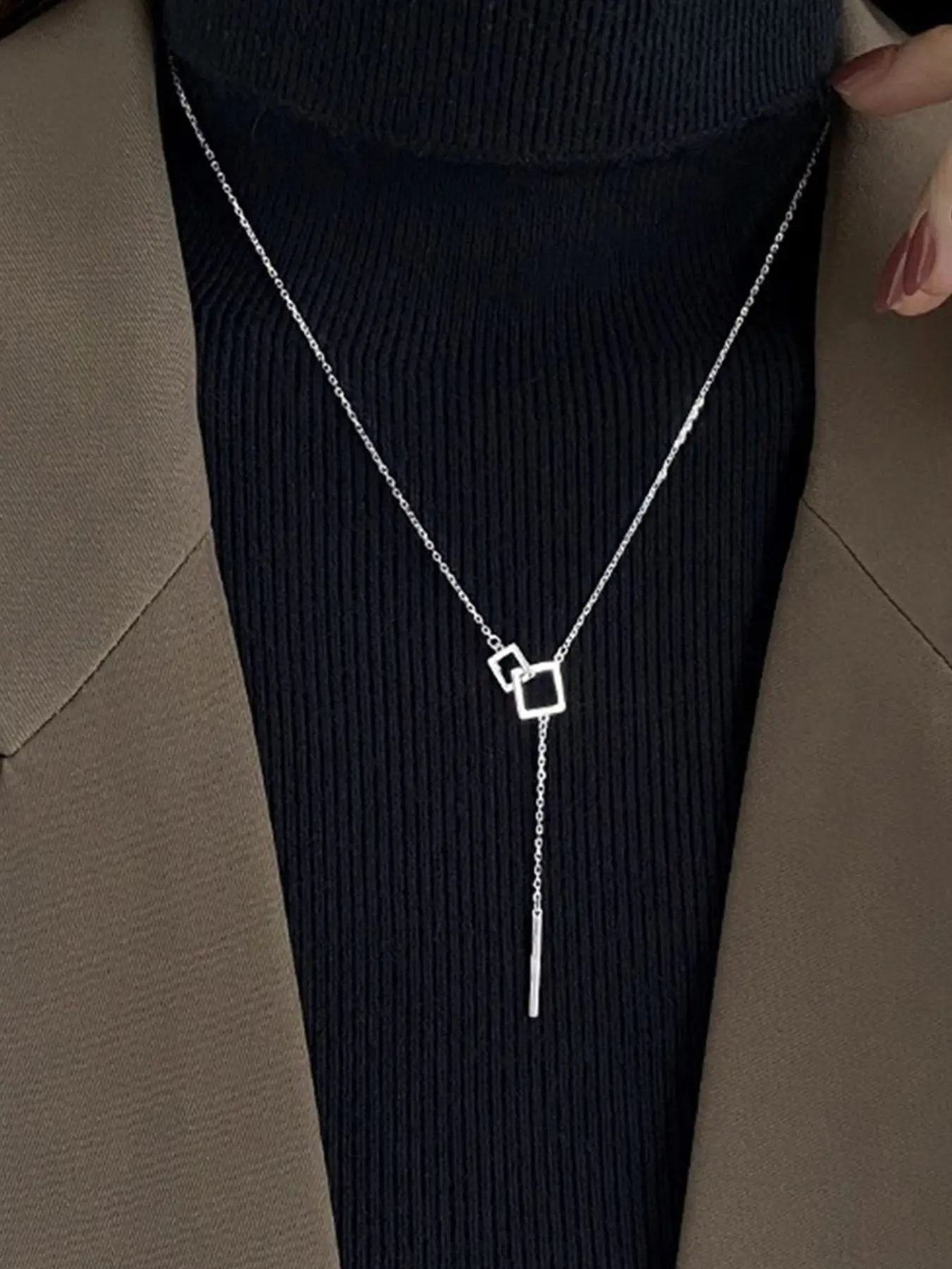 Women's 925 Sterling Silver Long Tassel Pendant Trendy Necklace and Chain, Hypoallergenic Jewelry Gift for Women, Elegant Square Clasp Design