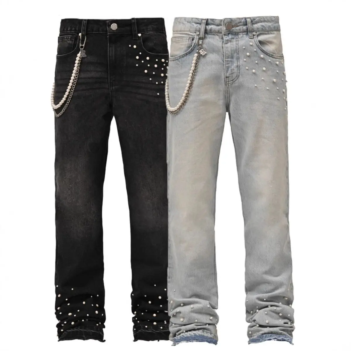 Men's British Style Flared Jeans in Stretch Cotton Denim Fabric, Low Waist Streetwear with Zipper Fly and Diamond Accents, All-Season Menswear, Plain, Basic