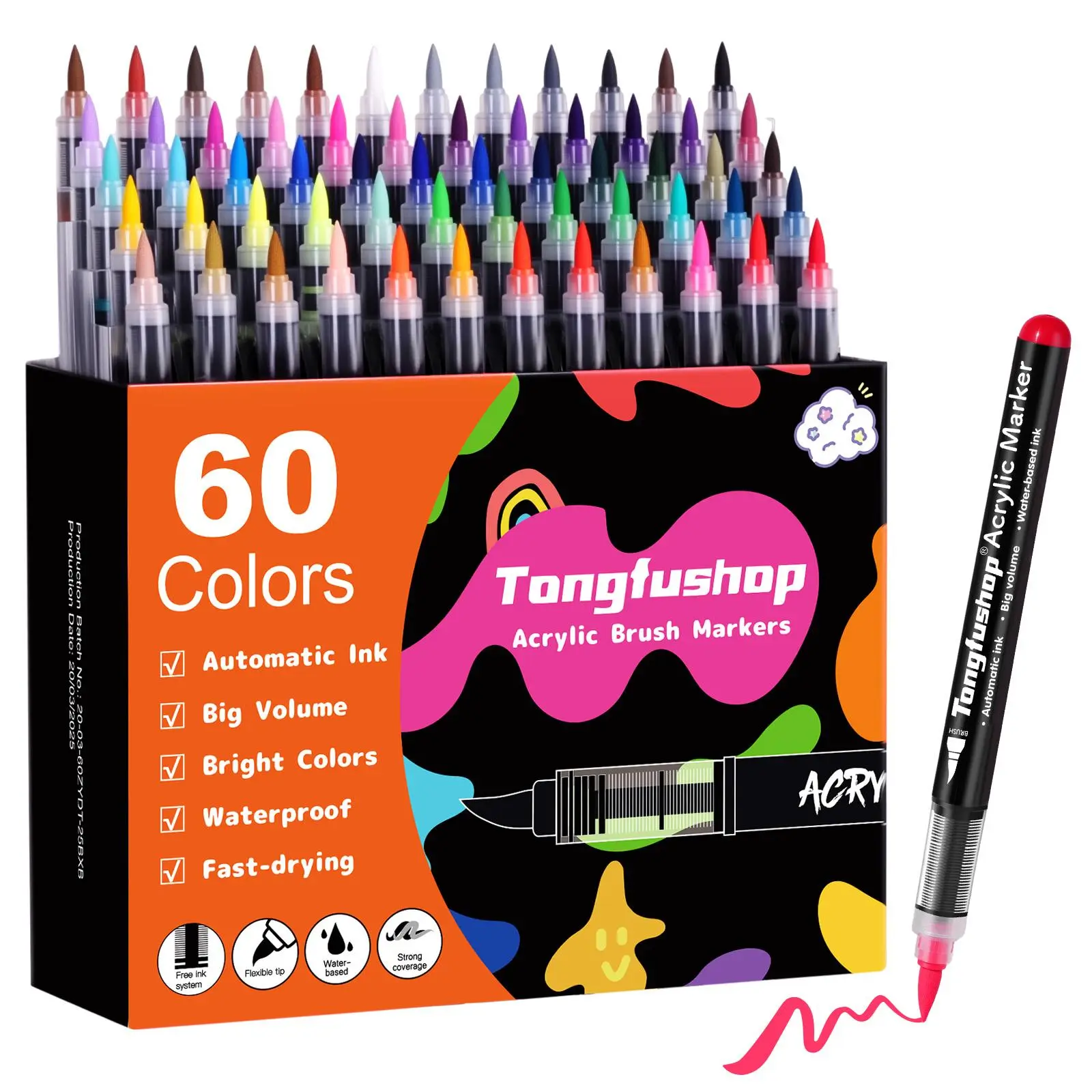 60-Color Acrylic Paint Markers, Water-Based Brush Tip with Automatic Ink Control System, Vibrant Opaque Non-Toxic Ink Office Stationery Writing & Correction Tool Set for Rock, Wood, Acrylic Markers