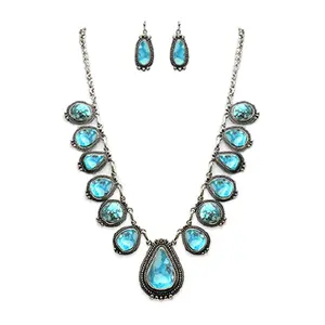 Statement Southwestern Bohemian Style Natural Dyed Semi Precious Howlite Stone Necklace and Earrings Set with Turquoise, 27-30" Chain & 3" Extender