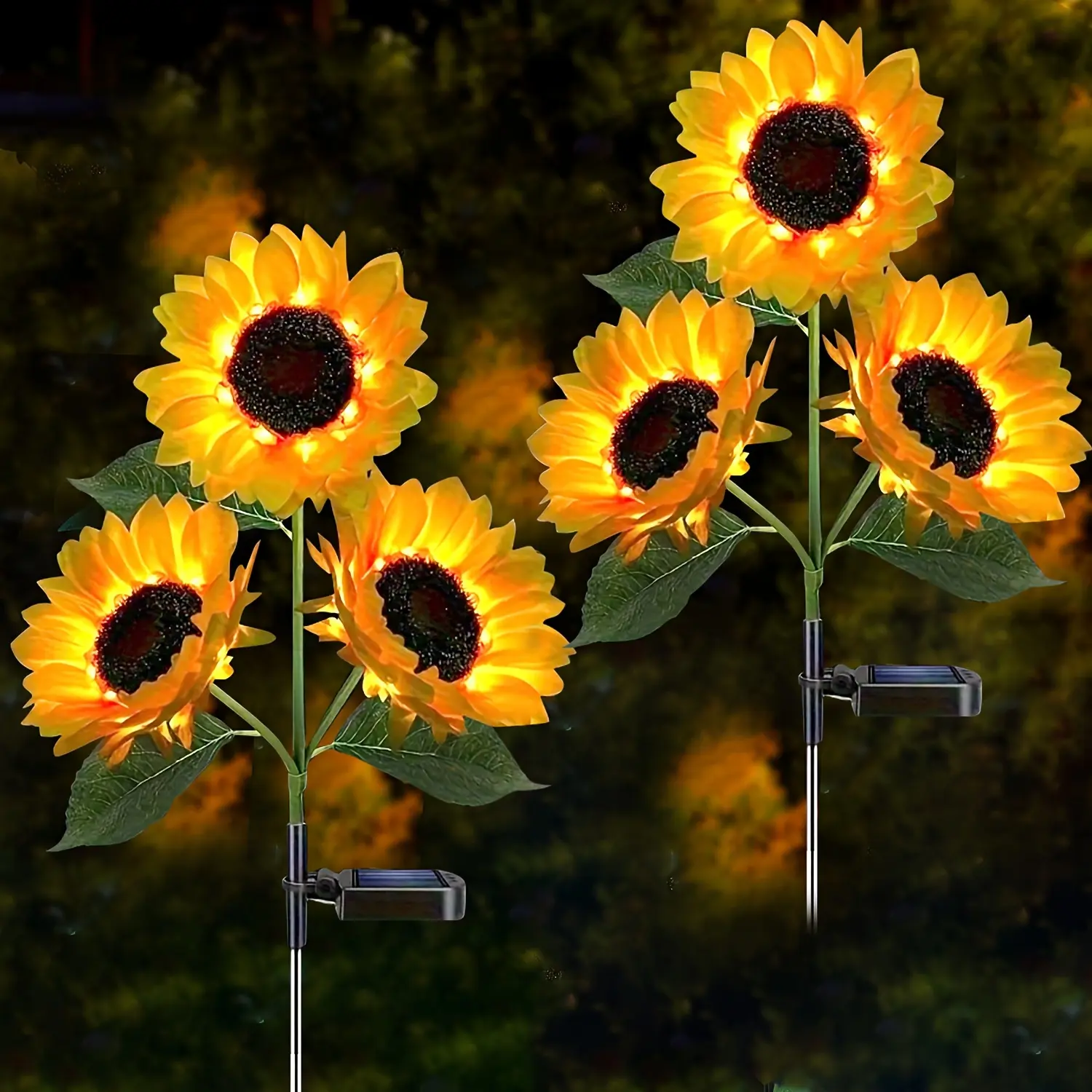 2-Pack 3-Head Solar Sunflower LED Garden Lights, Plastic Body, Sunflower Shape, IP44 Waterproof, Vibrant Yellow Decor, Suitable for Lawns, Courtyards, Festive Occasions