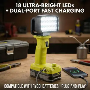 Adjustable Brightness Work Light 18 LED Outdoor Lighting, Compatible with Ryobi Battery, USB-C Fast Charging, Ideal for Outdoor Use, Super Bright Light