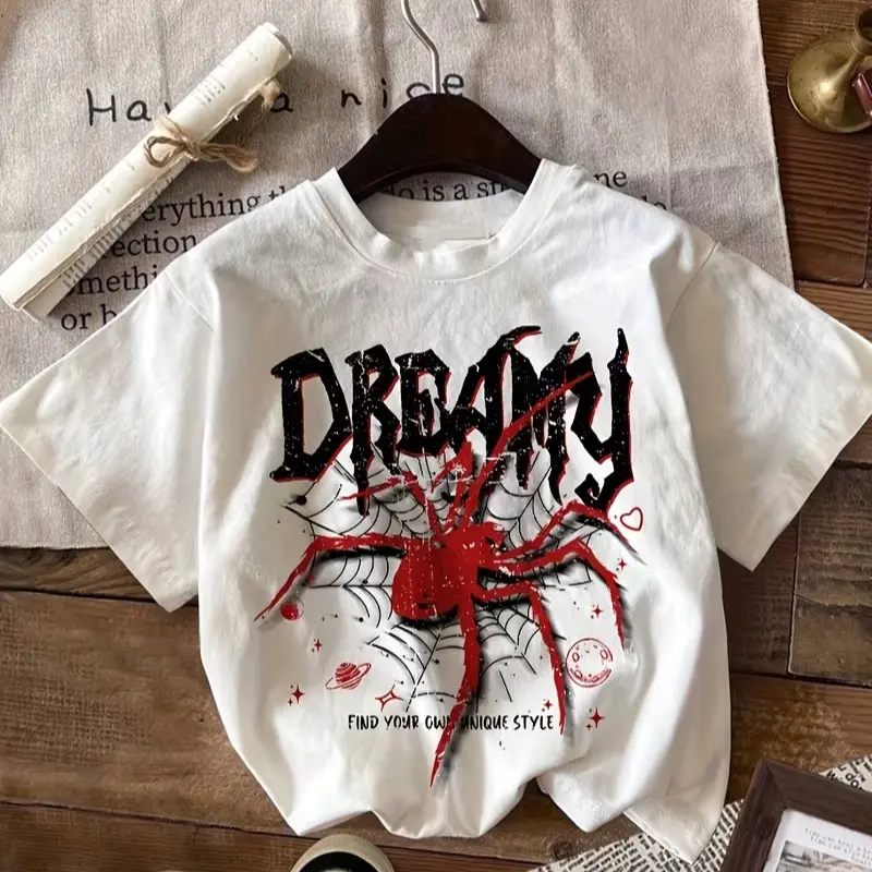 Women's Fitted Unisex Letter & Spider Print Short-Sleeve Crew Neck Comfortable Everyday Casual Top for Spring & Summer