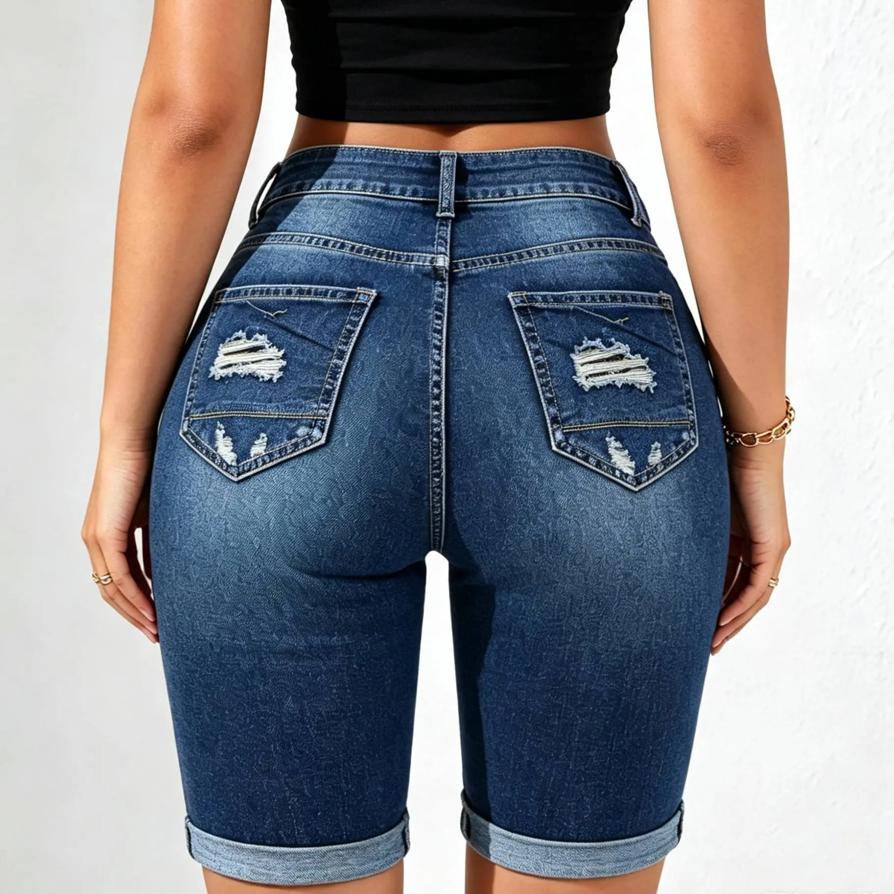 Double Button High Waist Gradient Faded Back Pocket Distressed Rip Cuff Hem Knee Length Denim Bermuda Bike Shorts