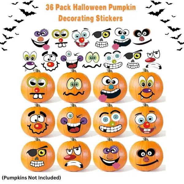 36 Pack Halloween Pumpkin Decorating Stickers, Pumpkin Face Stickers for Kids, DIY No-Carve Pumpkin Decorating Kit, Halloween Party Favors, Goodie Bag Stuffers, Classroom Crafts, Treat Bag Fillers, 18 Sheets (Pumpkins Not Included)