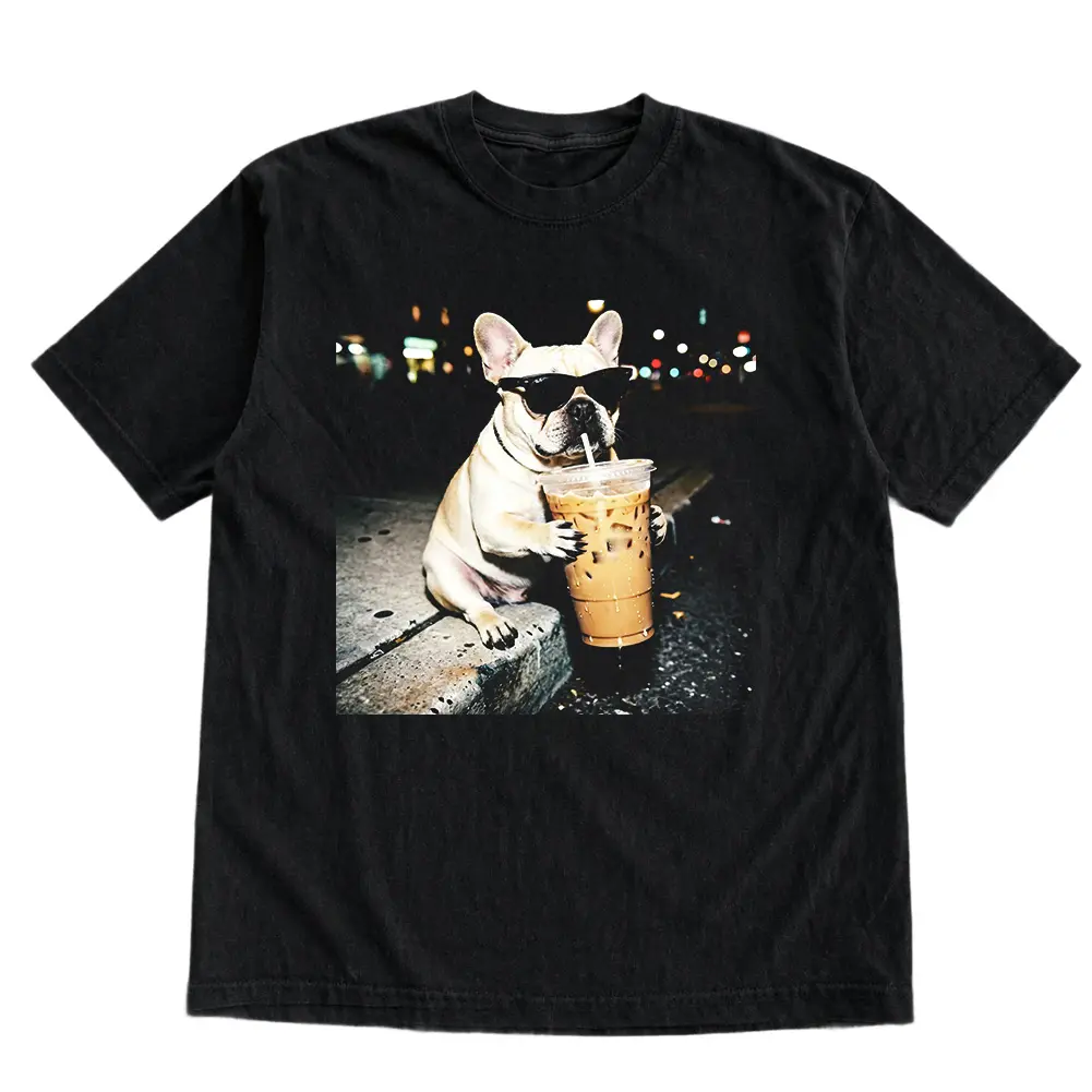 Vintage Cool French Bulldog Coffee Shirt, Dog Drinking Iced Coffee Tee, Funny Street Style Pet Graphic Tee, Night City Aesthetic Dog Meme T-Shirt, Retro Humor Tee, Gift for Men Women, Crew Neck T-shirt, Trending T-shirt