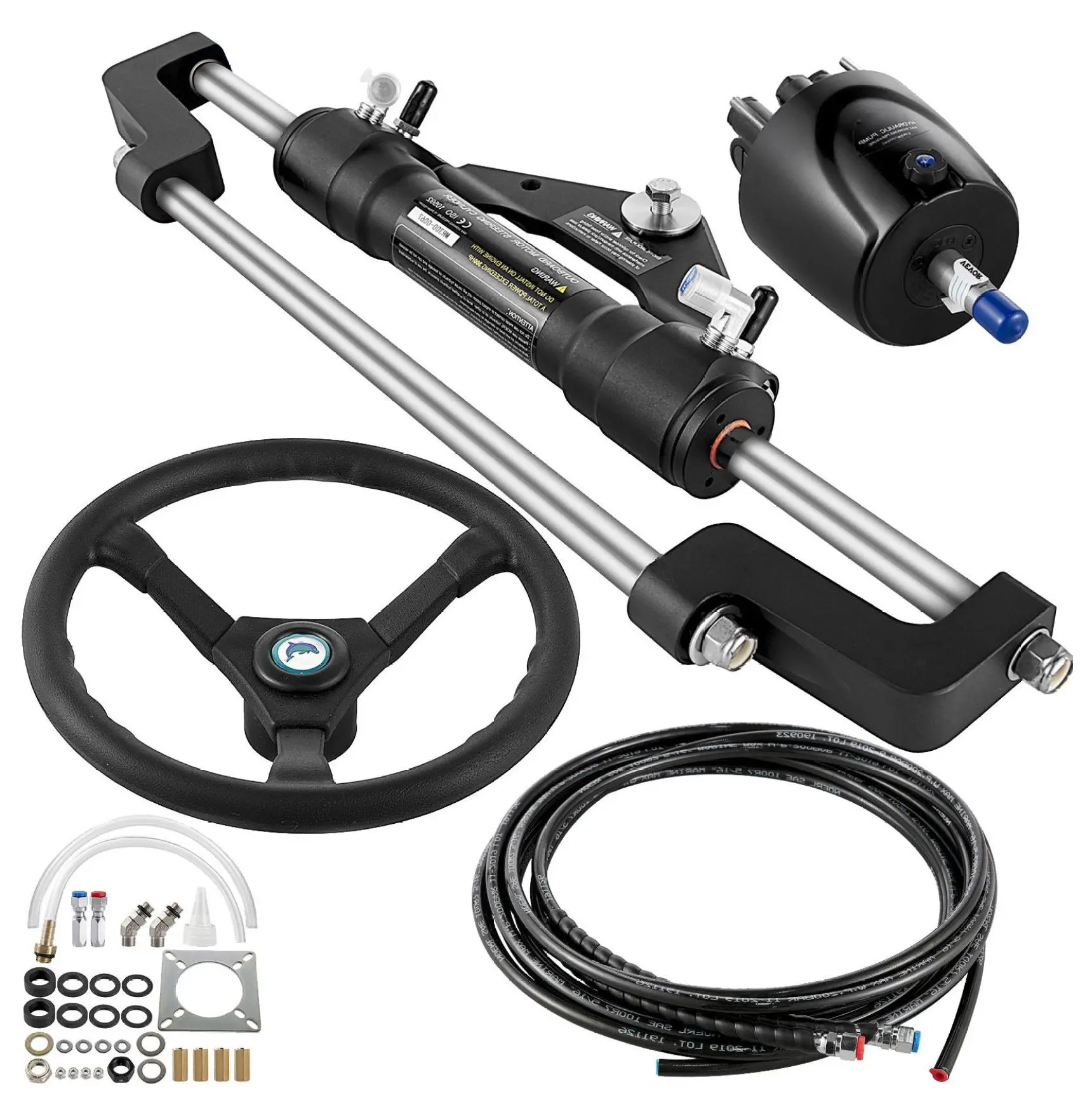 Hydraulic Outboard Steering Kit 300HP - Boat Steering System, Helm Pump, 16ft Hose & Wheel 16 ft