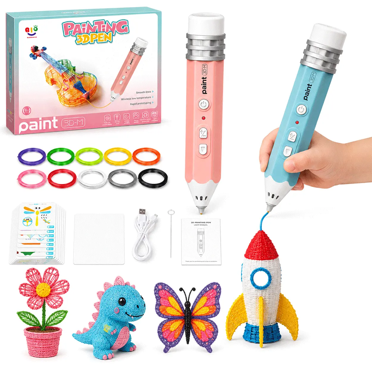 Bubbleverse 3D Pen Set for Kids, Low Heat Child-Safe 3D Drawing Pen with USB-C, 10 Rolls 50 cm PCL PLA Filament Bundle, Stencil Book & Guide Included, STEM Arts Crafts Birthday Present for Ages 6+ (No Hot Parts), Includes Stencil Book, Polylactic Acid (Pl