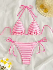 Women's Summer Halter Bikini Set, Two-Piece Sexy Backless Design, Striped Pattern, Casual Beachwear, Perfect for Vacation & Daily Wear