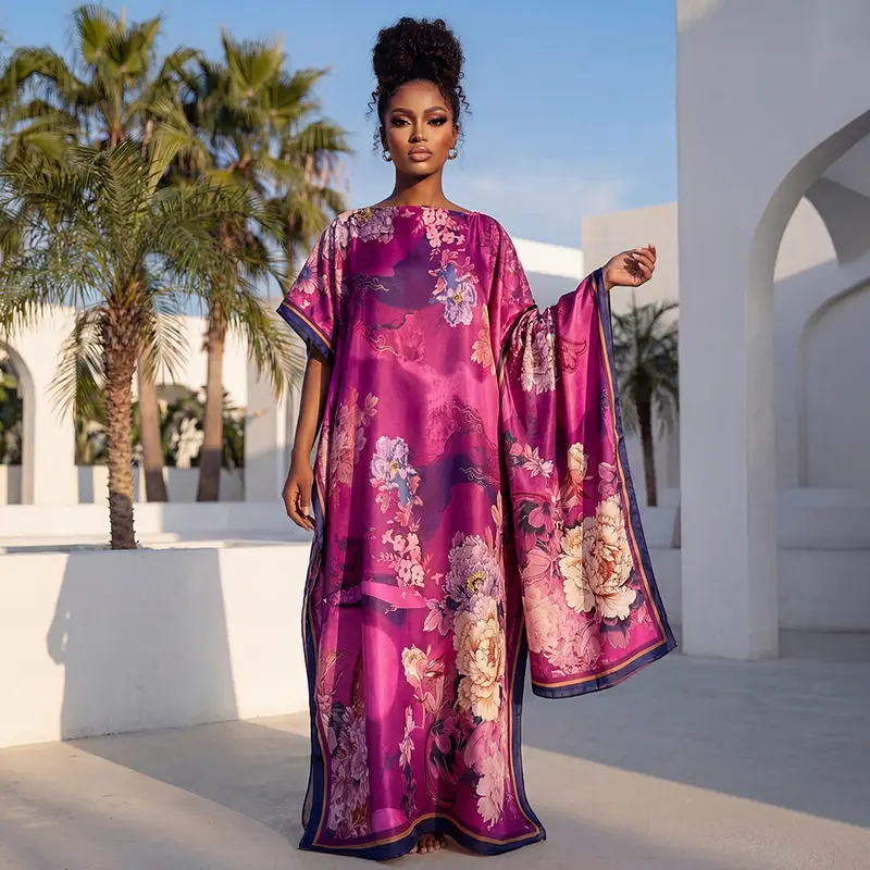 【Moo Moo】Boho Floral Print Maxi Dress with Matching Scarf - Flowy Cover-Up for Beach & Vacation sun protection satin scarf print robe set elegant