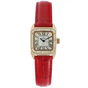 Peugeot Women's 34x24mm Tank Watch with Crystal Bezel Red Leather Strap
