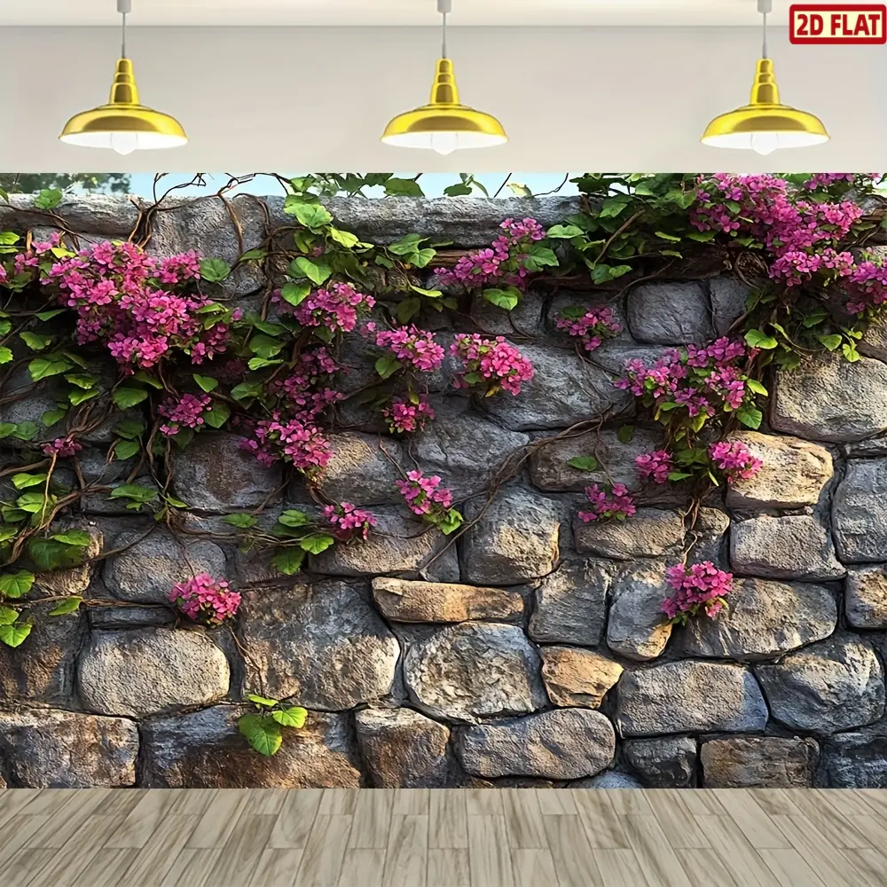 2D Flat Lush Garden Stone and Floral Background Photo Backdrop - Durable Polyester, Easy to Hang, No Electricity Needed - Ideal for Spring-Themed Photography and Portrait Sessions, Outdoor Garden Decor, Flower
