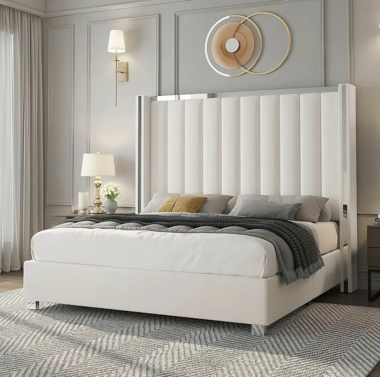 Chen Sal Luxury Upholstered Platform Bed Frame with Tall Wingback Headboard – No Box Spring Needed